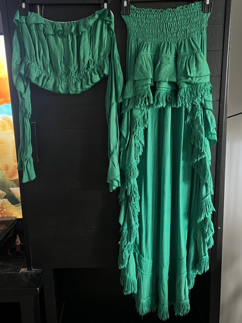 Donale’ St Barth Exclusive Green Tiered Maxi Skirt with Fringed Ruffles - Women